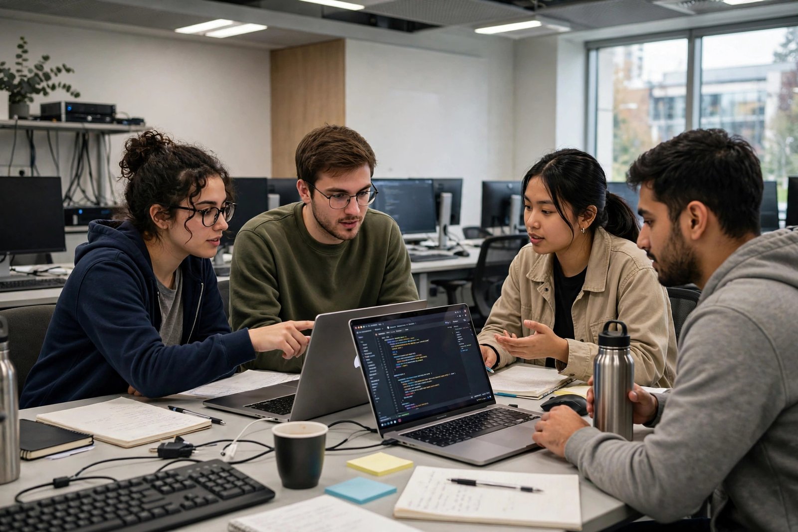 Postgraduate students collaborating on web application development in a university computer lab