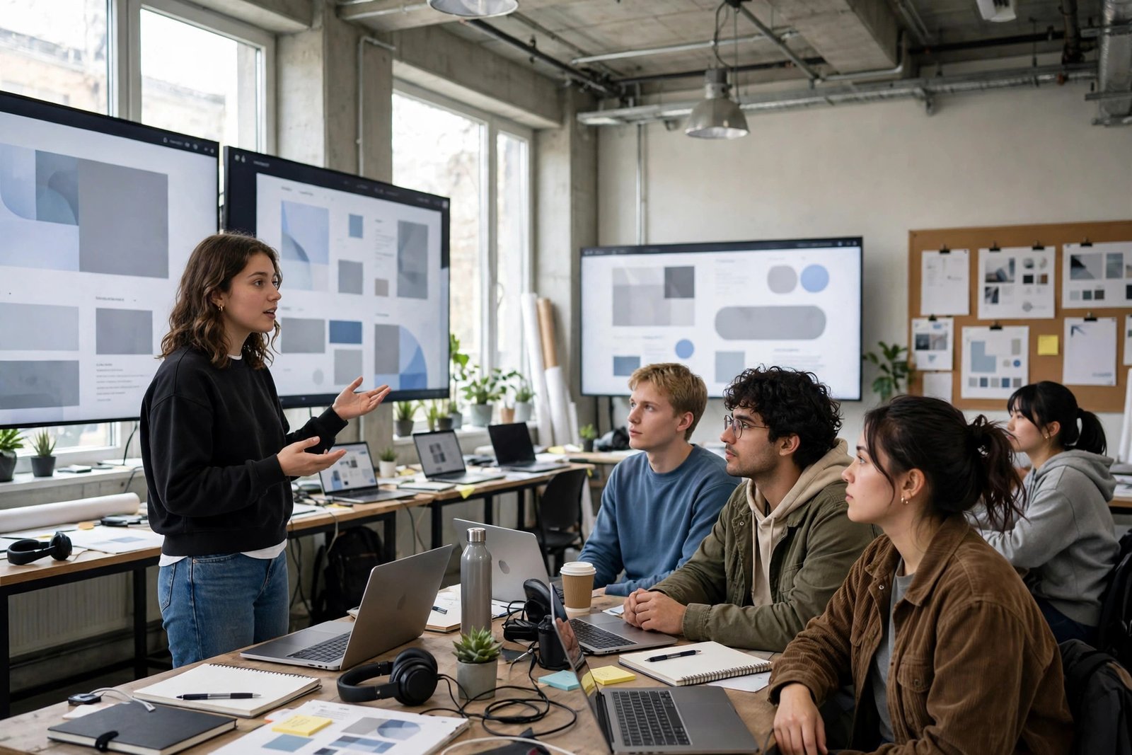 A student presenting a website interface design to classmates in a university studio