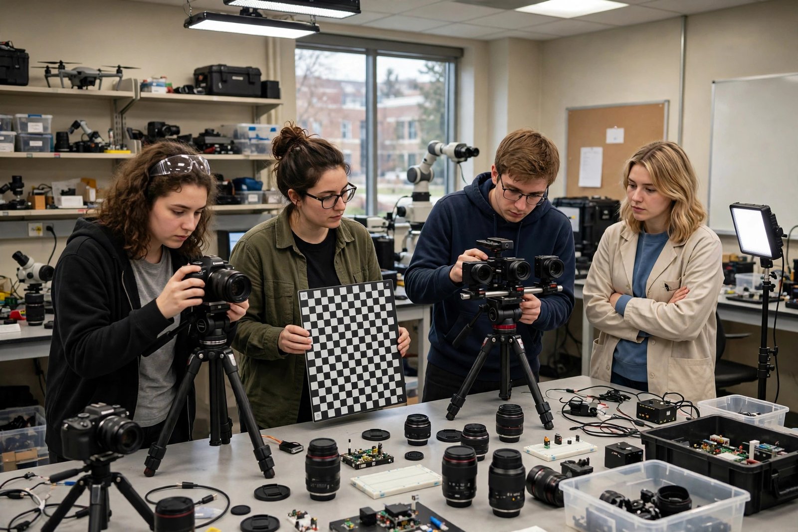 Graduate students testing cameras and image recognition equipment in a computer vision laboratory