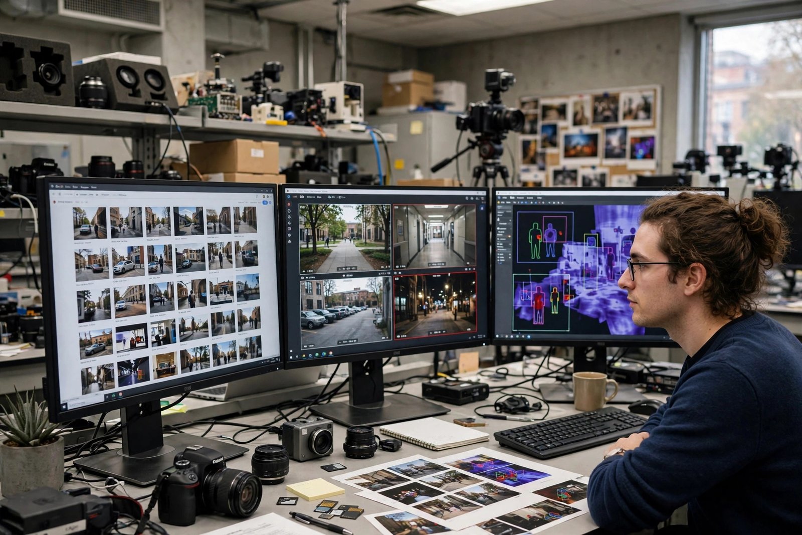 Researcher reviewing photographs and camera footage on large monitors in a university computer vision lab