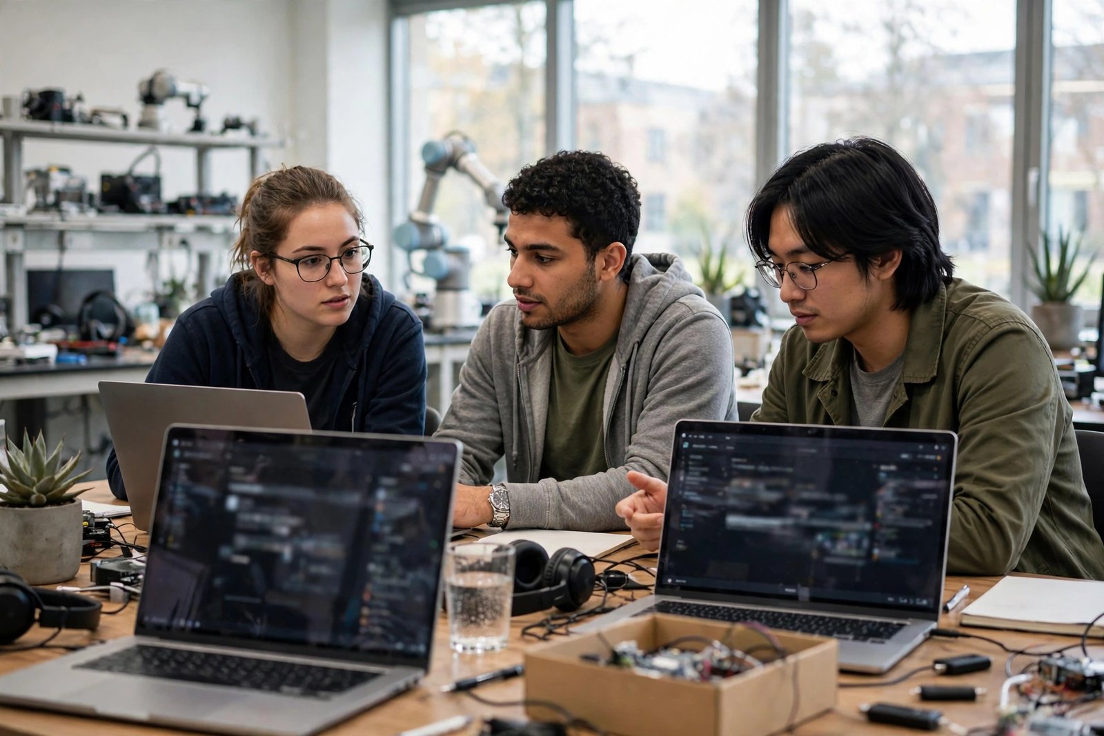 Graduate students working on language technology in a university computer lab