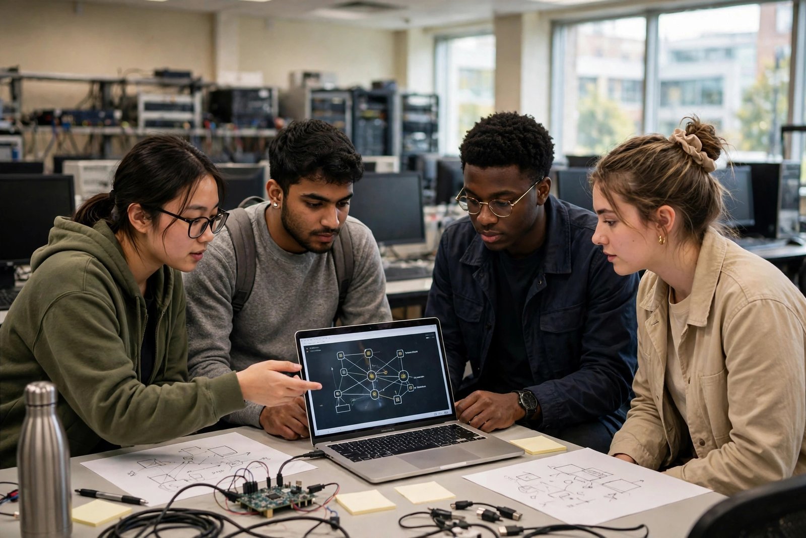 Graduate students discussing technology strategy in a university seminar room