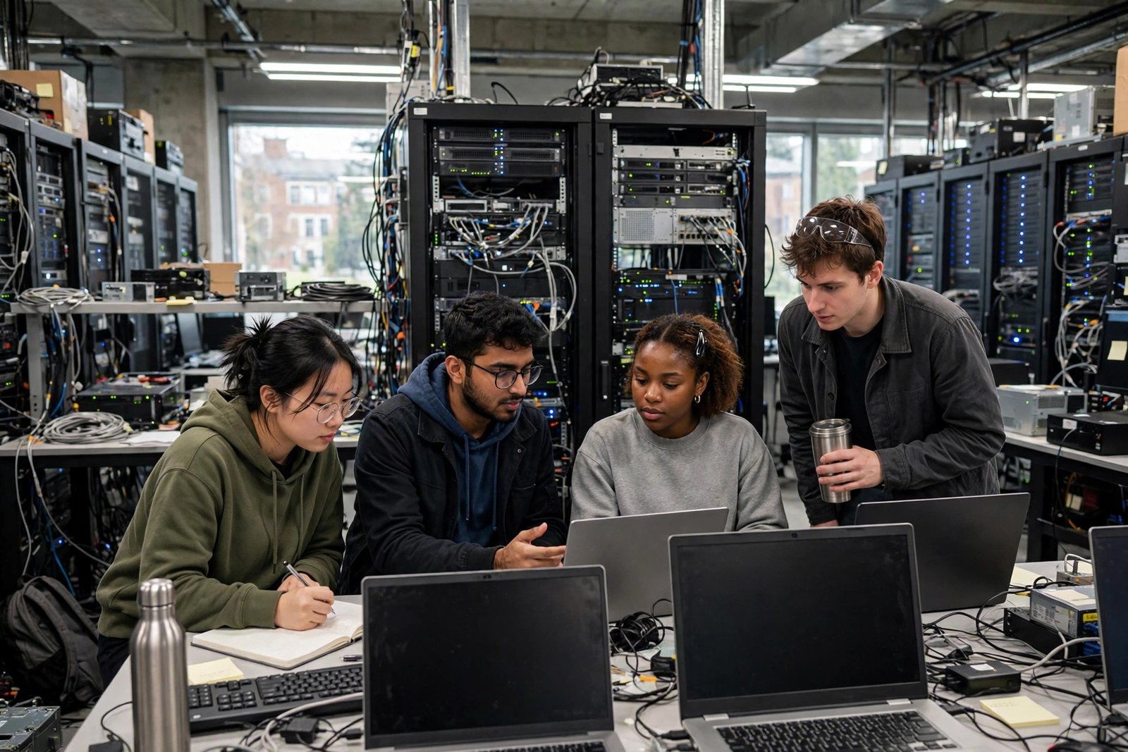 Graduate students working on distributed cloud systems in a university lab