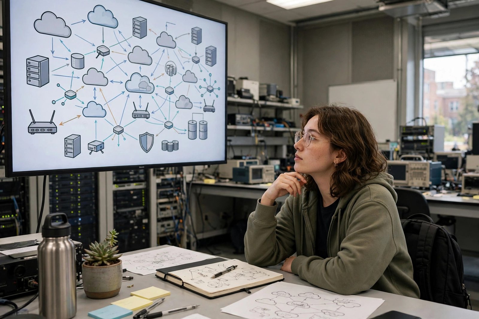 A graduate student studying network and cloud architecture in a university lab