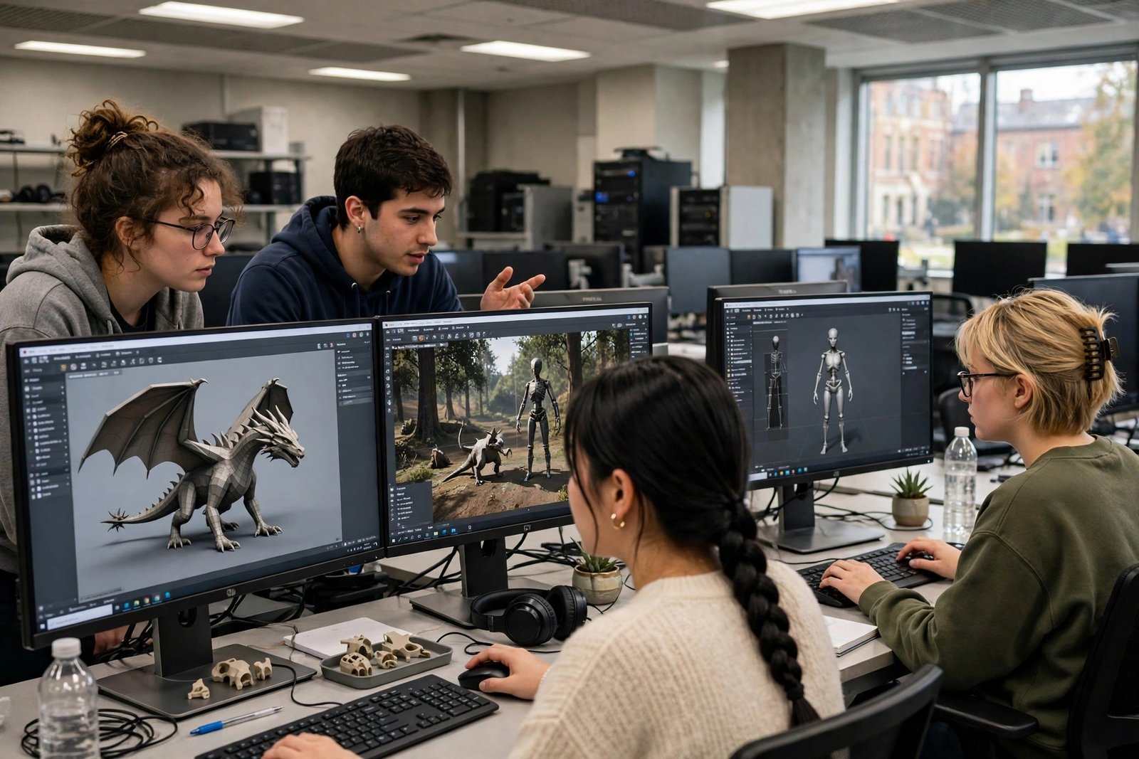Students working on 3D animation and rendering in a university computer graphics lab