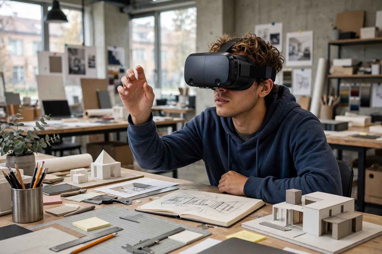 A student wearing a virtual reality headset testing an immersive environment in a studio