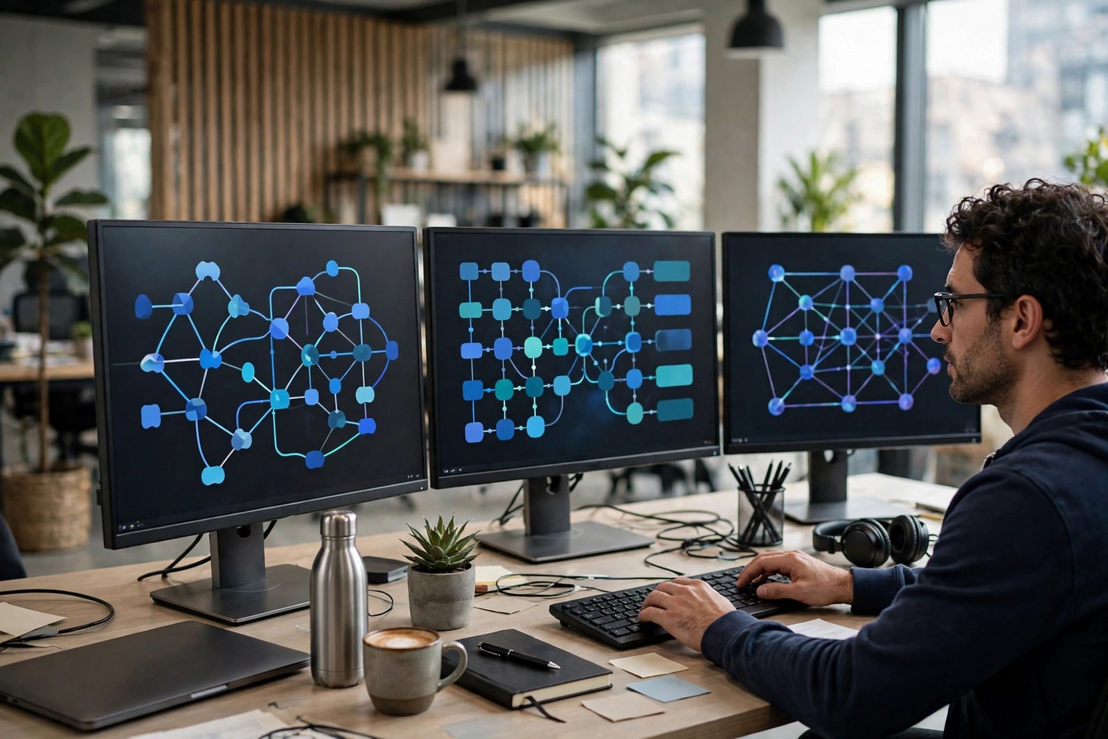 Data engineering student working with data pipelines on multiple monitors