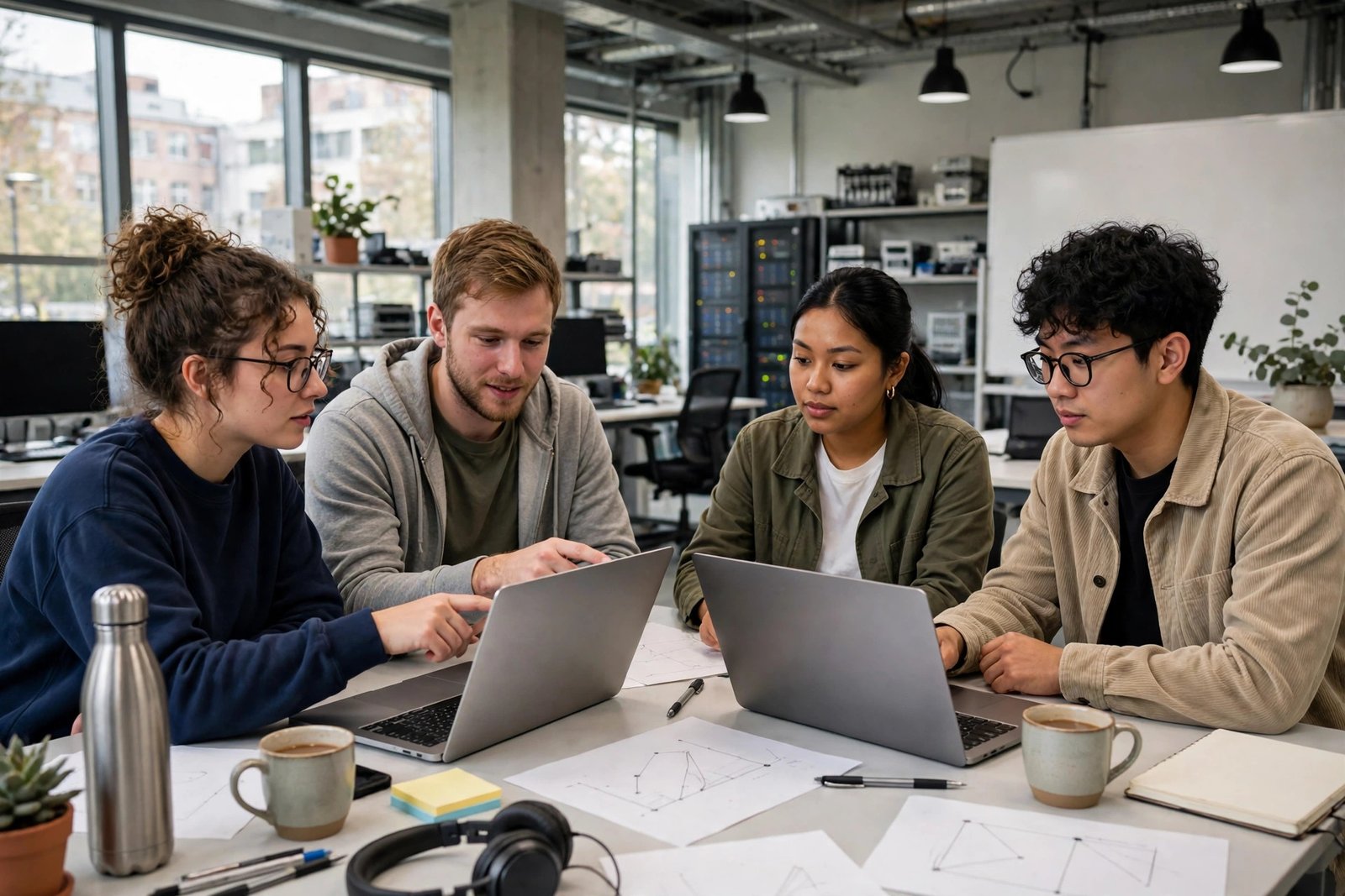 Graduate students collaborating on a data project in a university lab