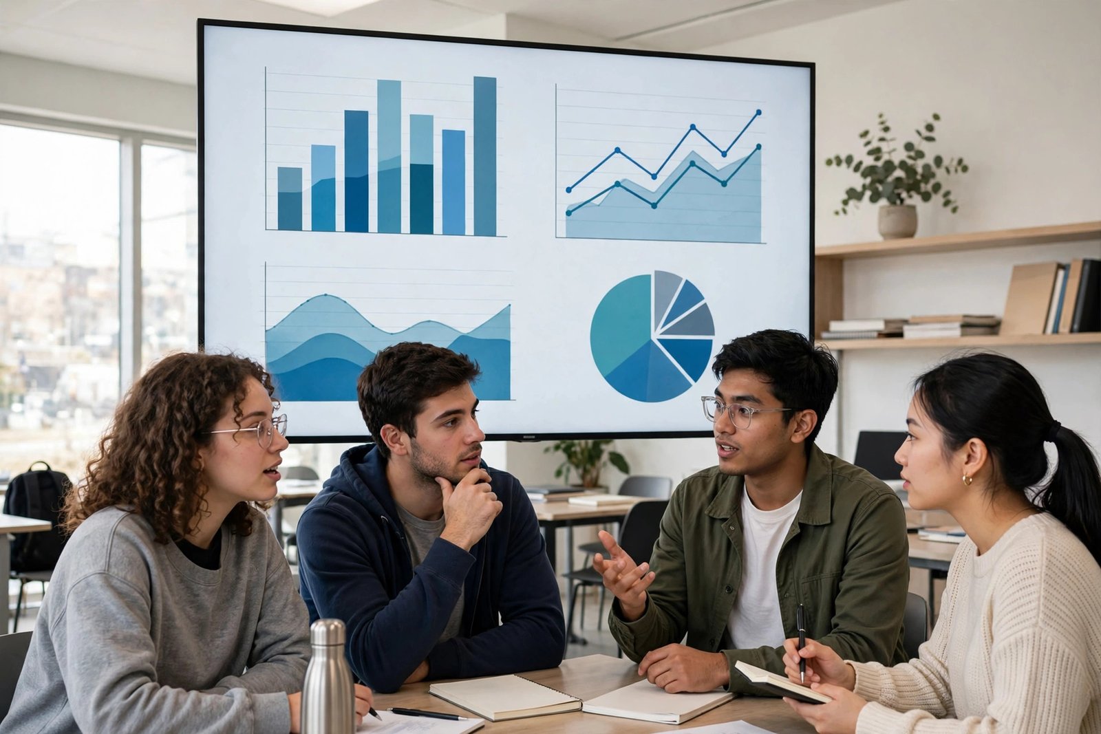 Business intelligence students analysing dashboards on a large screen