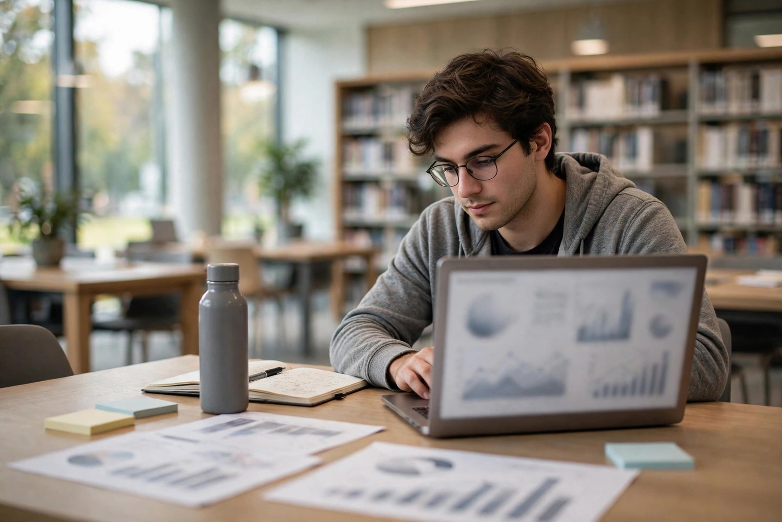 Graduate students discussing business analytics over laptops