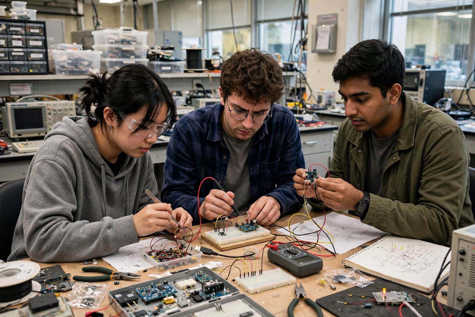 Engineering students testing a sensor device in a university electronics lab