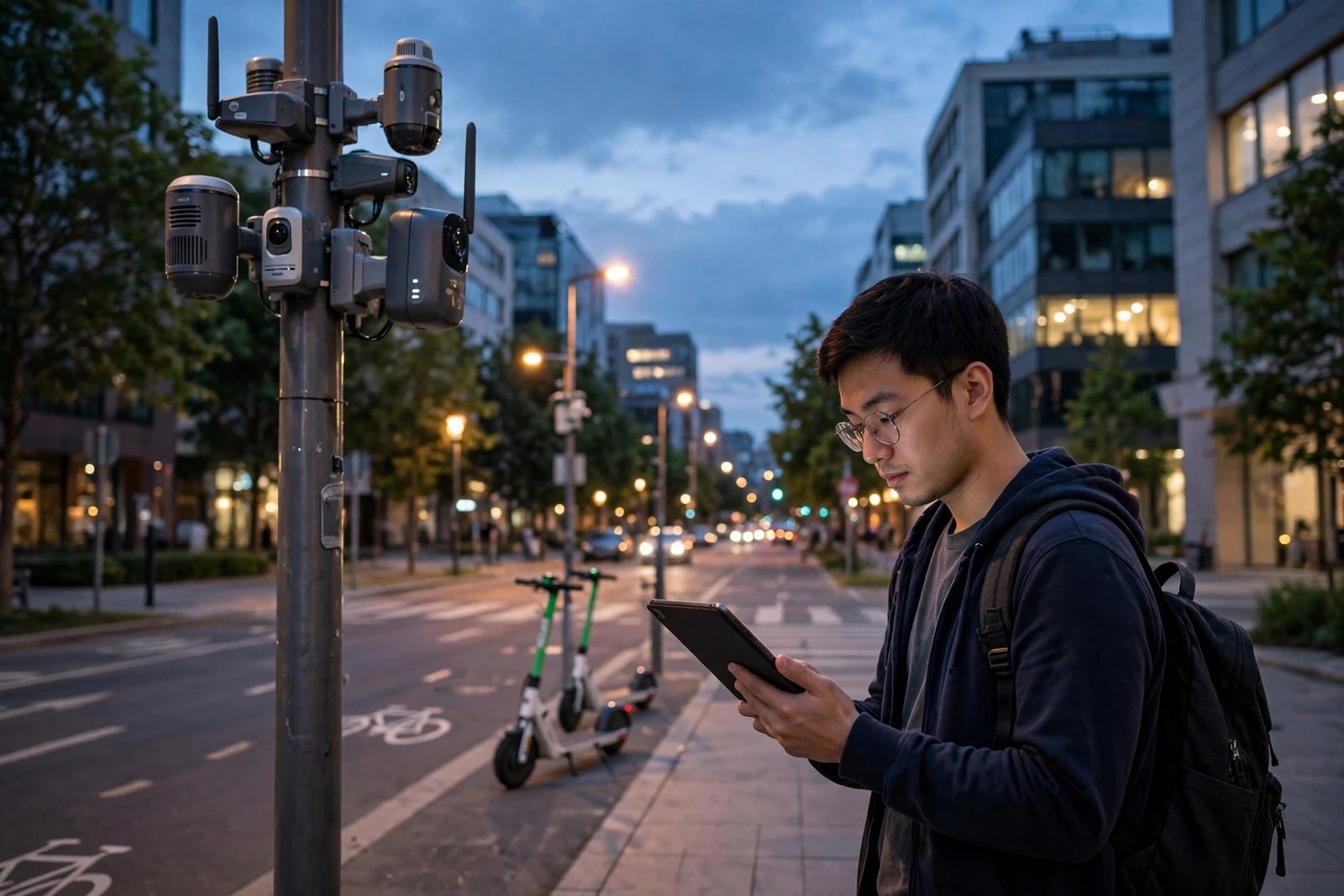 Connected smart city street with sensors at dusk