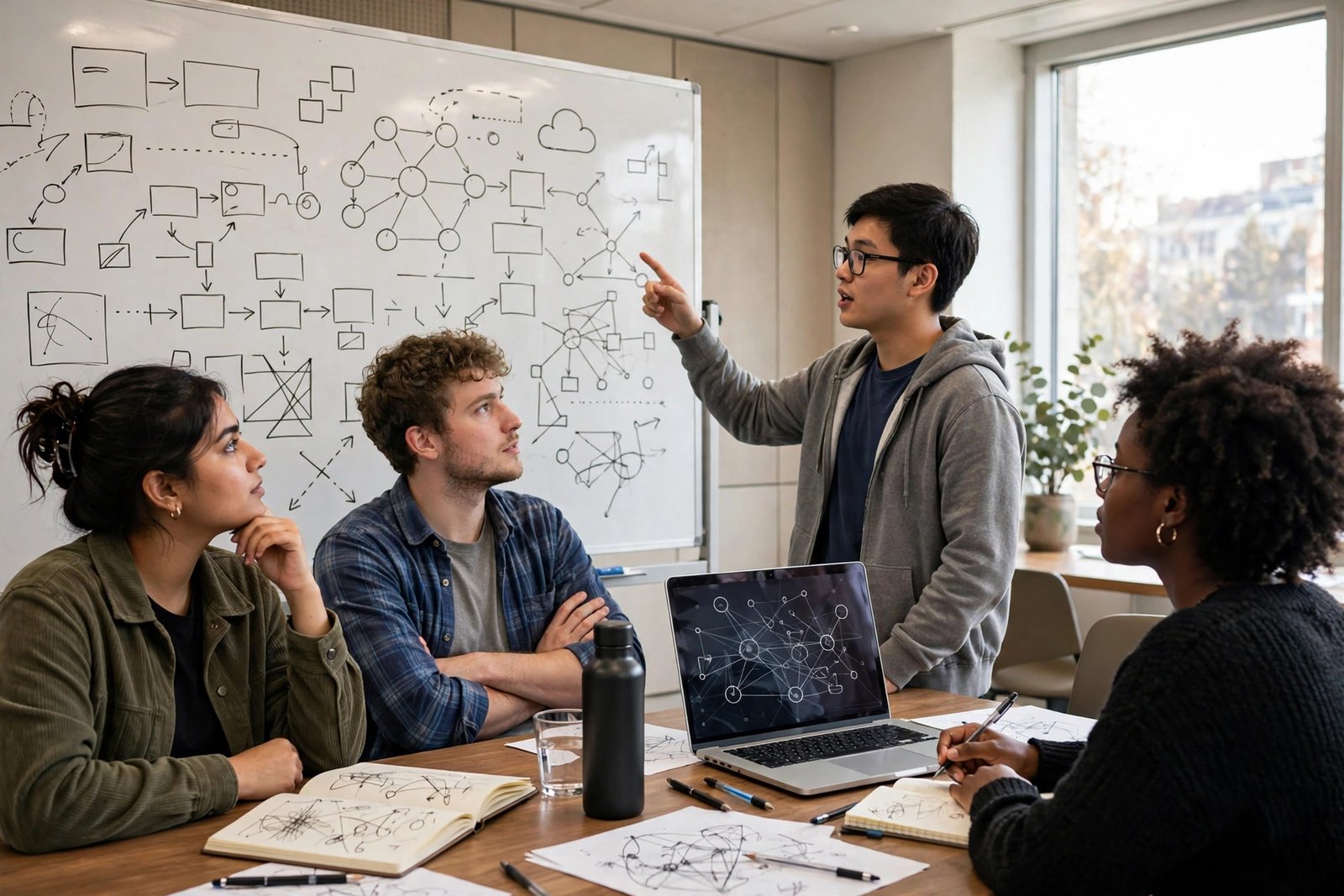 A graduate student presenting a blockchain project to classmates in a university seminar room