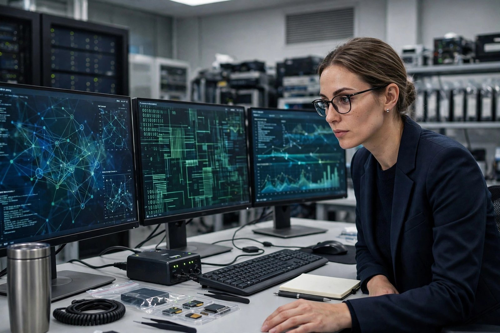 Digital forensics analyst examining evidence on multiple monitors in a computer laboratory