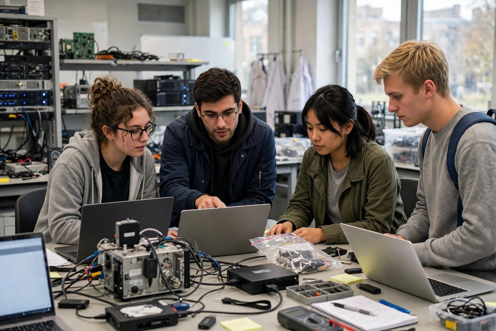 Students collaborating in a cybersecurity laboratory