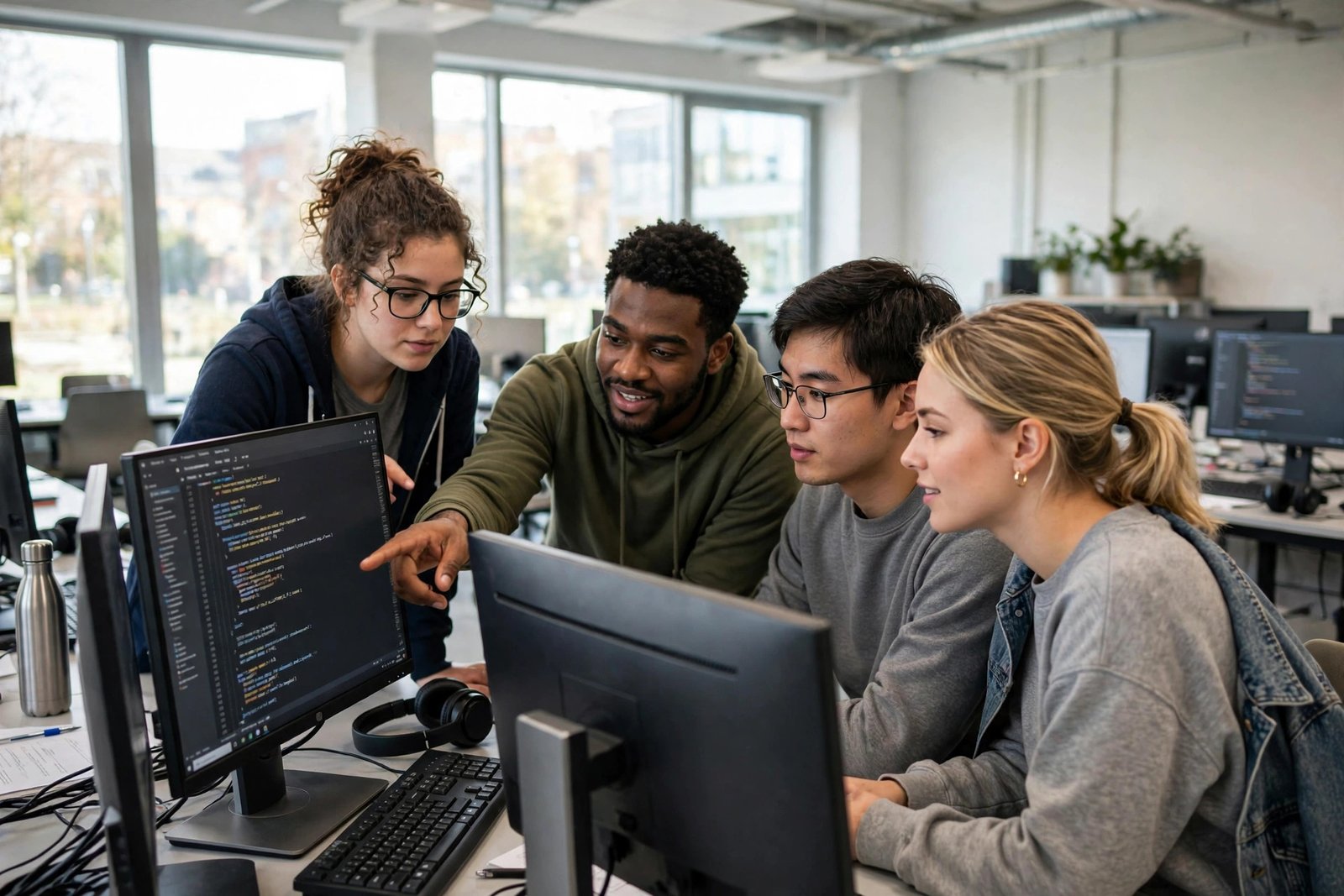 Software engineering students collaborating in a university computer lab