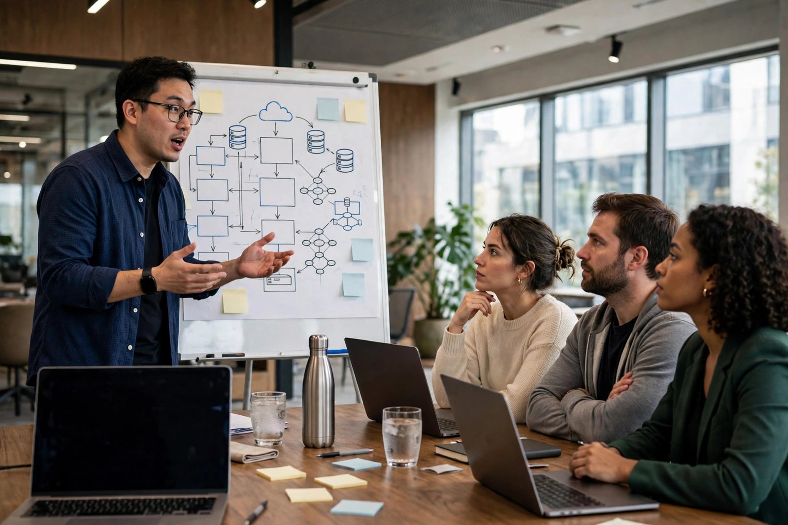 Software systems engineer presenting a system architecture diagram to colleagues