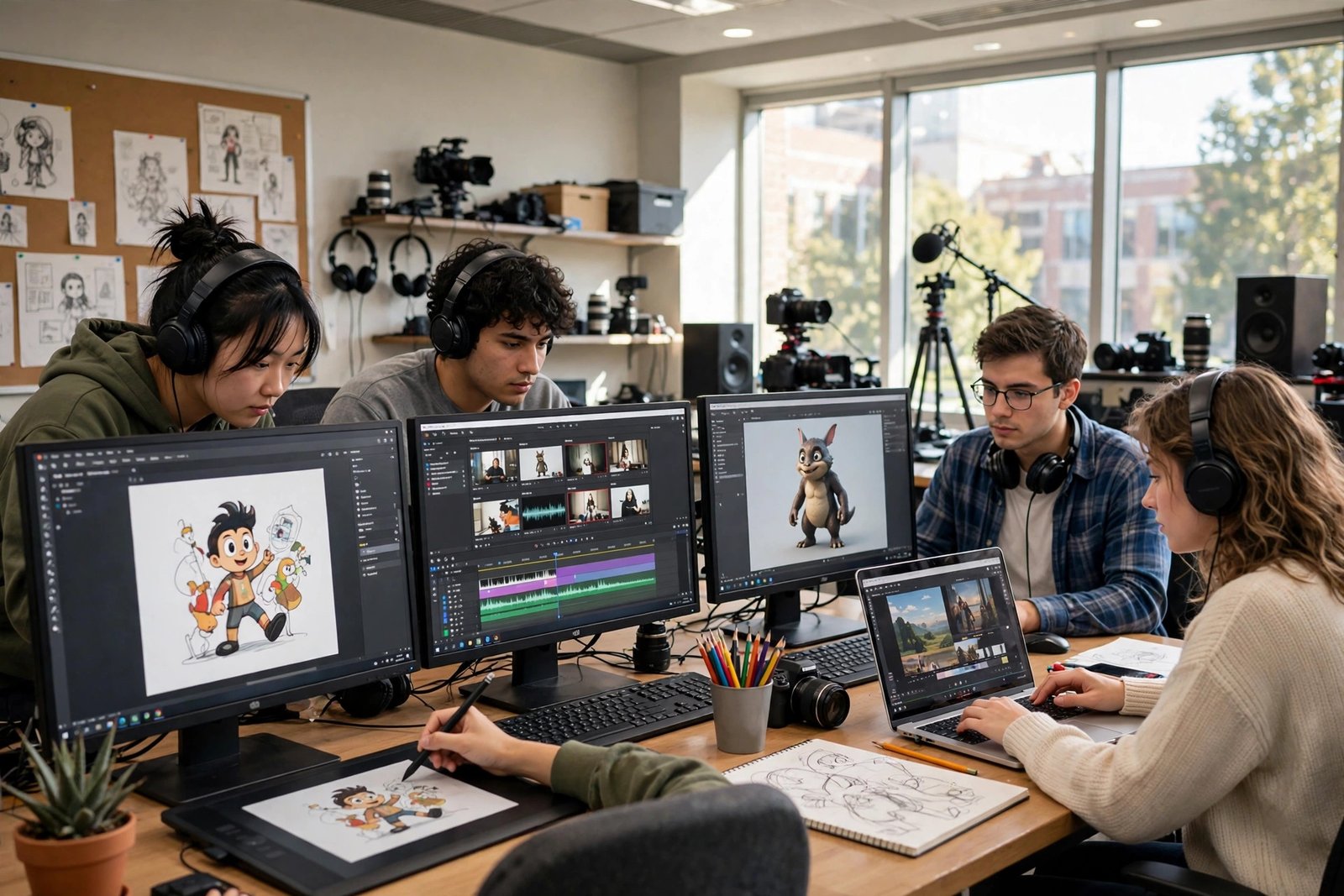 Multimedia computing students editing video and animation in a university media lab