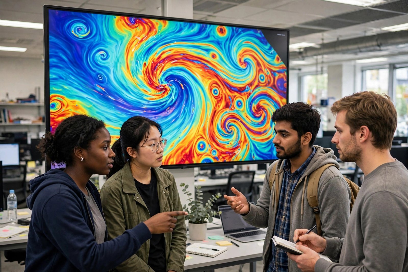 Postgraduate students collaborating on a scientific simulation in a computer lab
