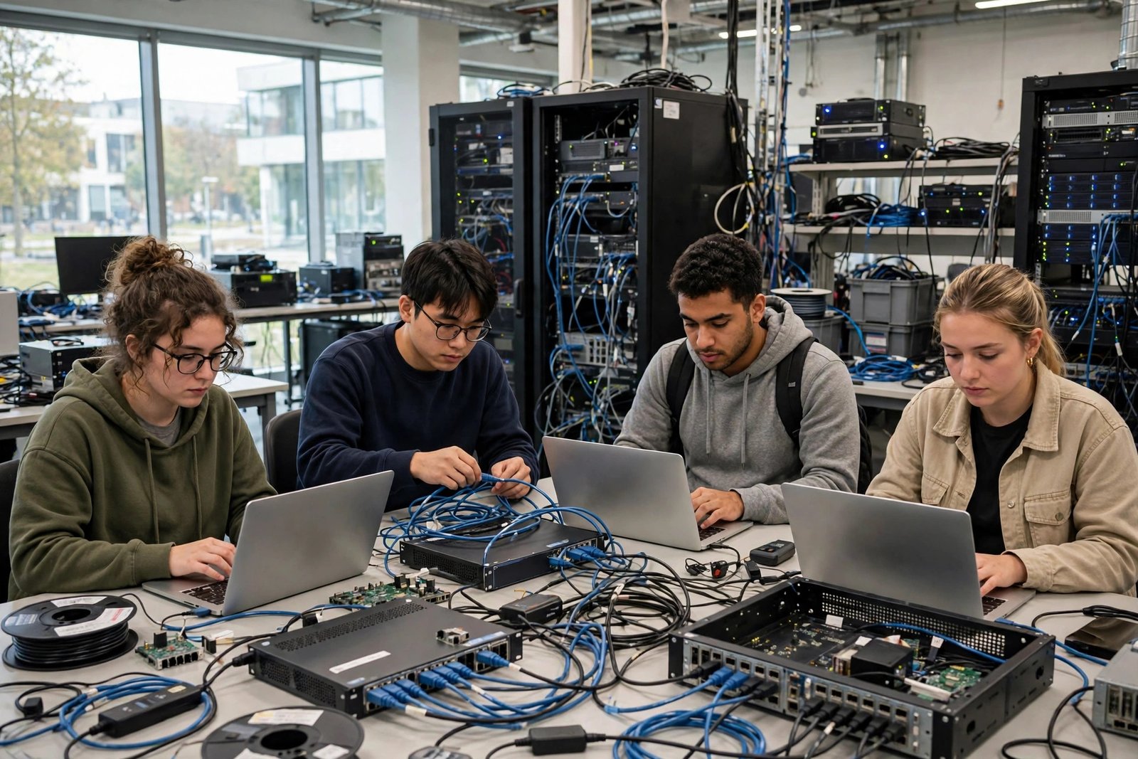 University students working on laptops and network equipment in an IT lab