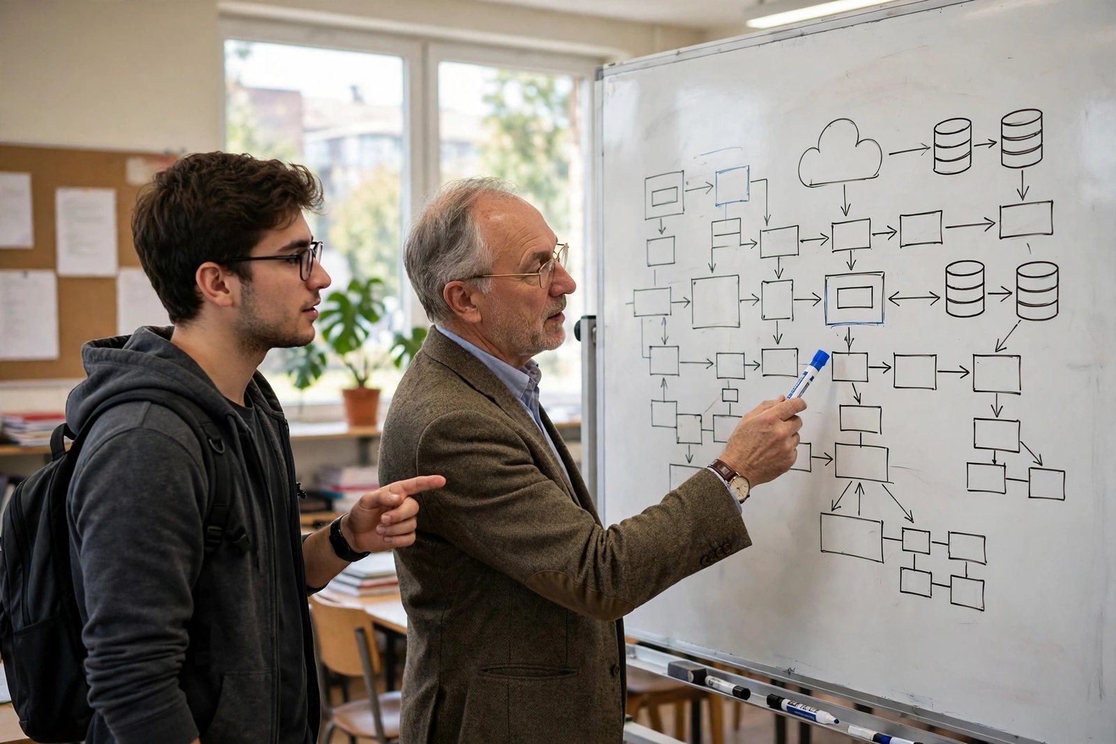 IT student and professor discussing a system design in a campus classroom