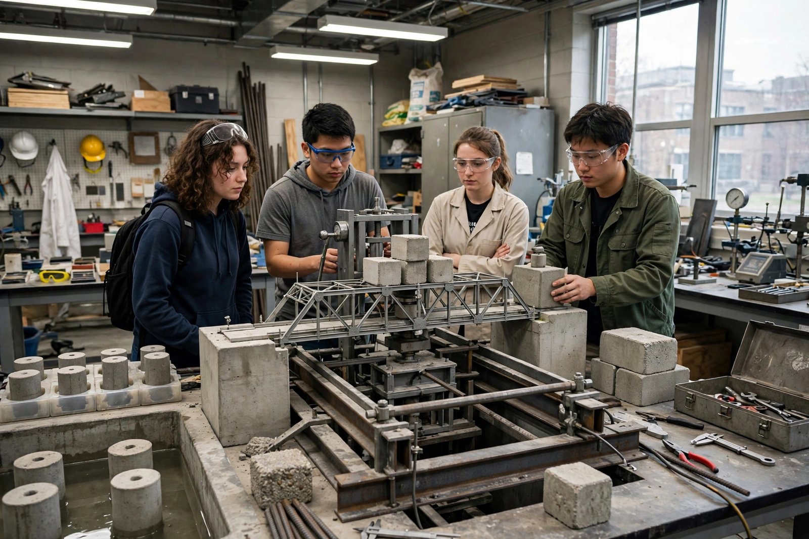Students testing a bridge model in a structural engineering laboratory
