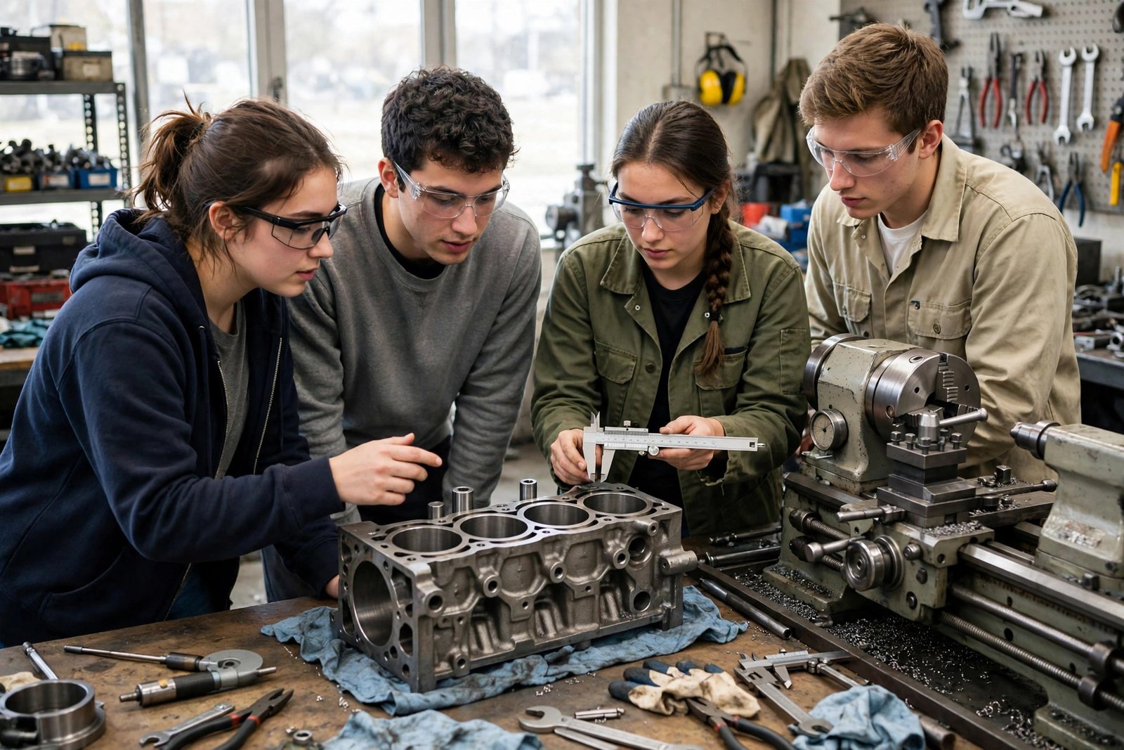 Mechanical engineering students working on a machine component in a university workshop
