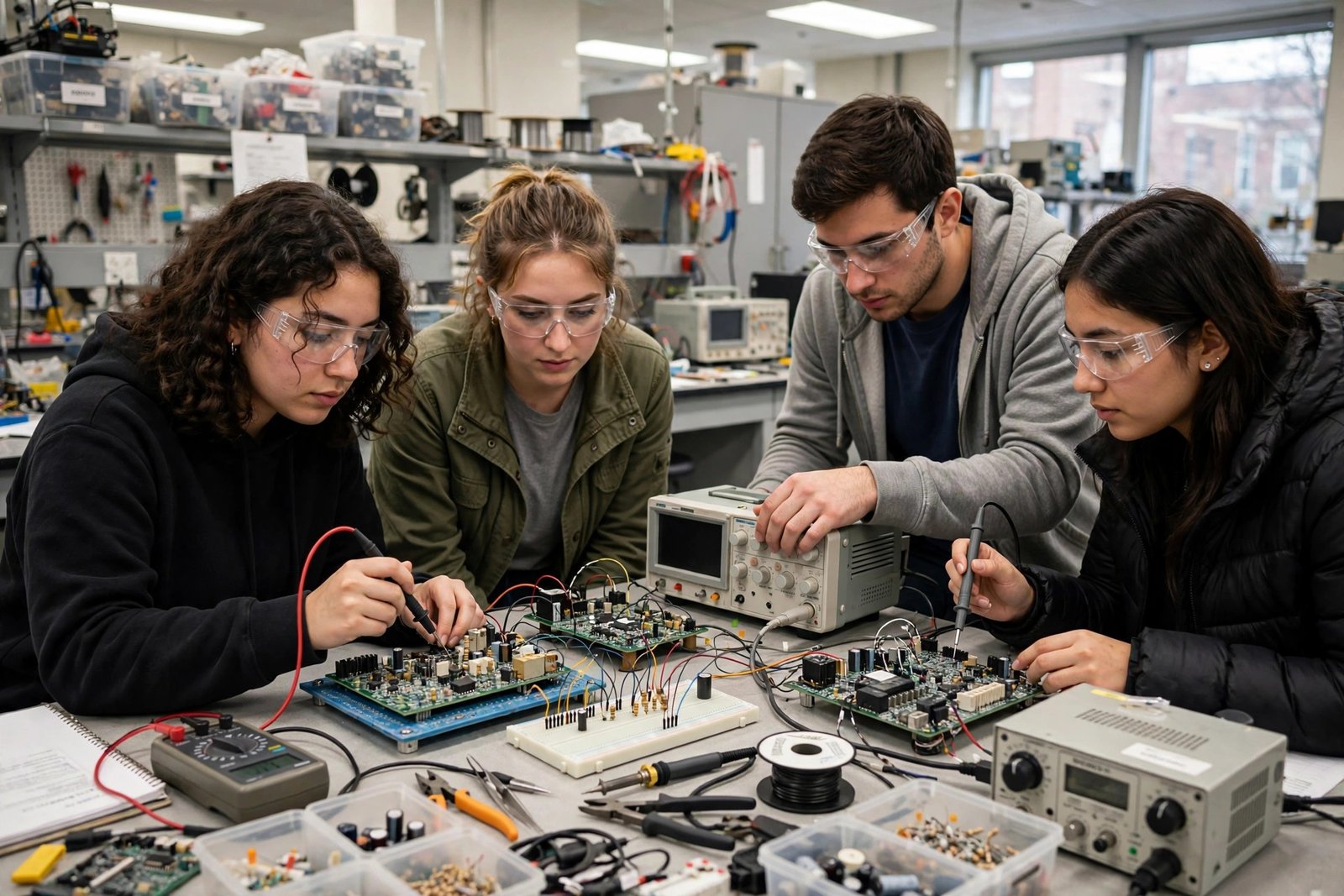 Electrical engineering students testing circuit boards in a university laboratory