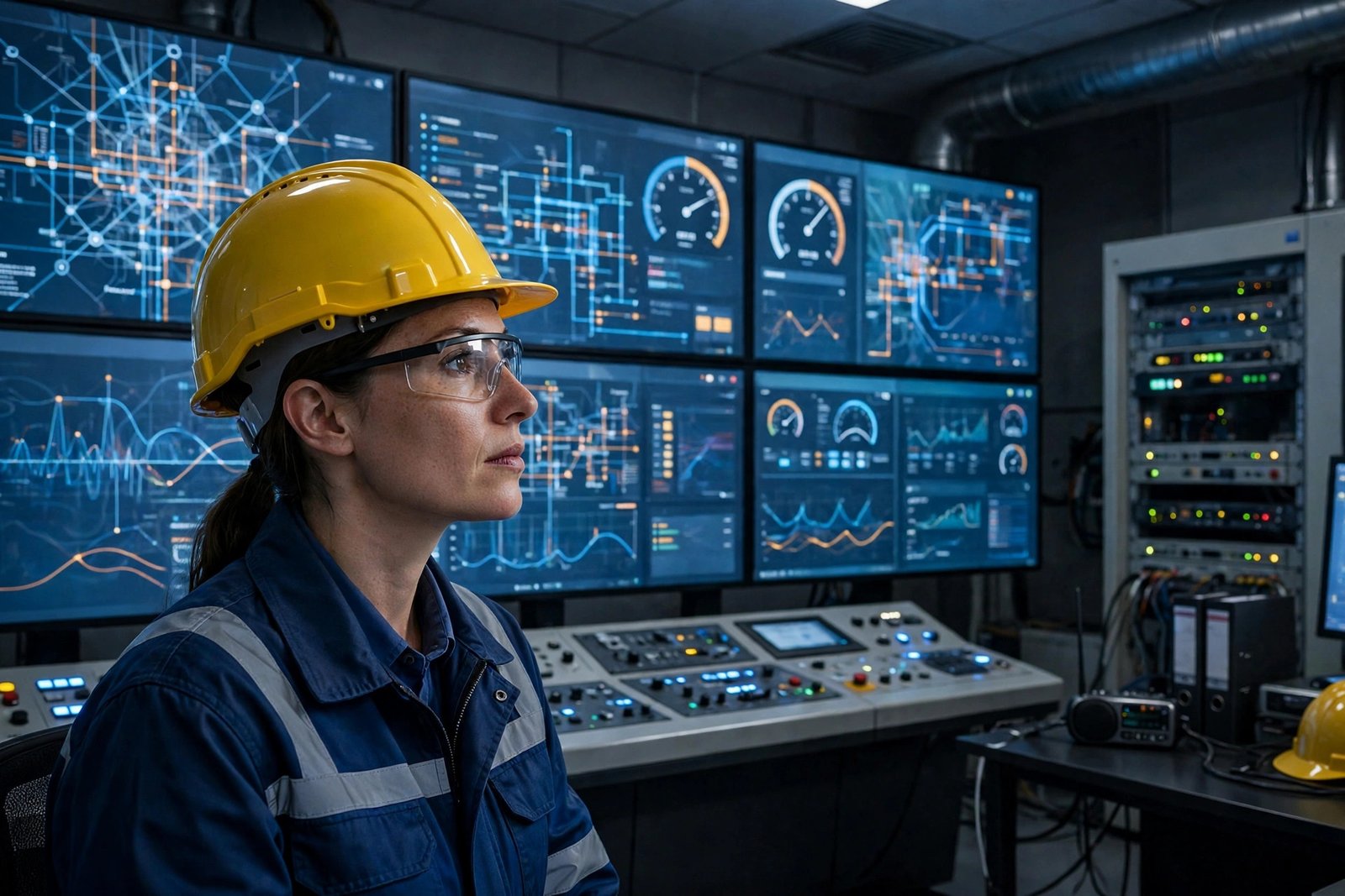 An electrical engineer monitoring power grid equipment in a control room