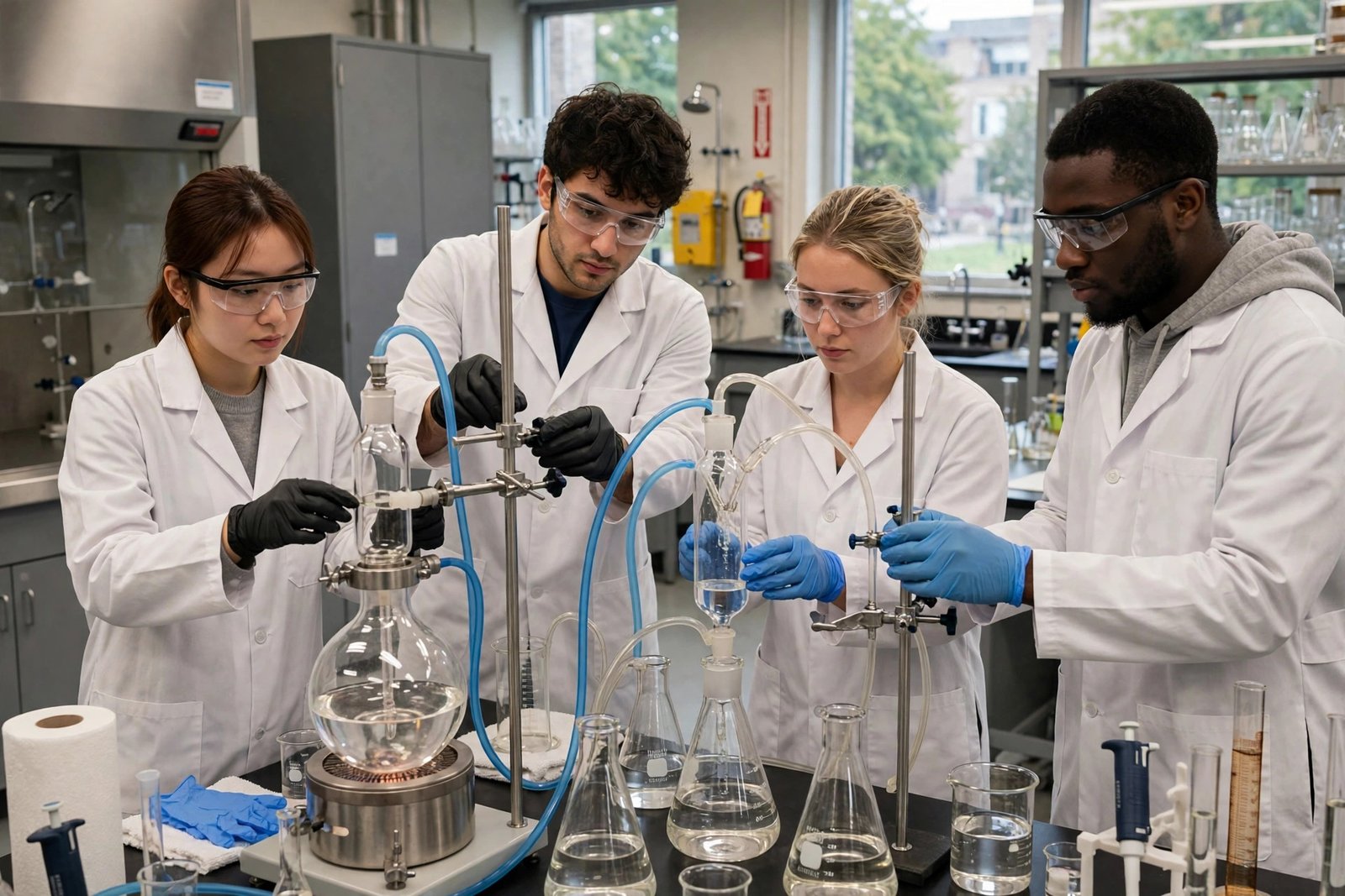 Chemical engineering students working with laboratory distillation apparatus