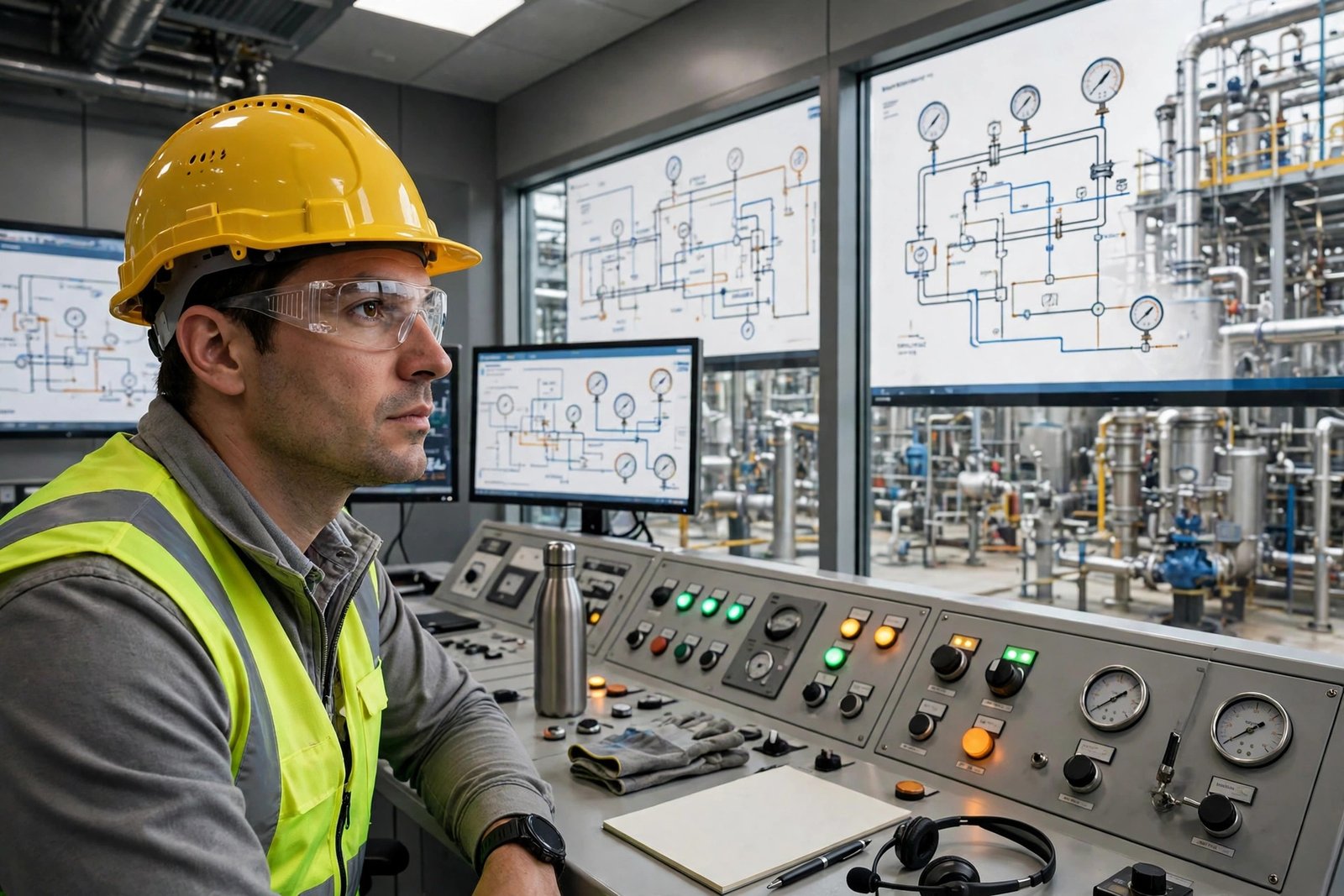 A chemical engineer monitoring equipment in a process plant control room
