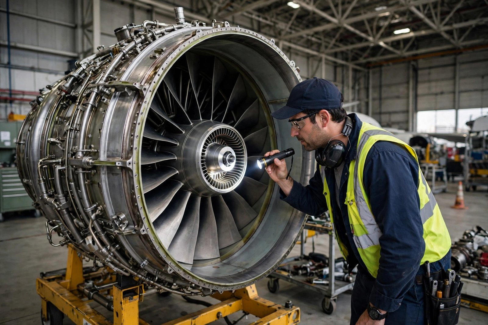 An engineer inspecting a jet engine in an aircraft hangar