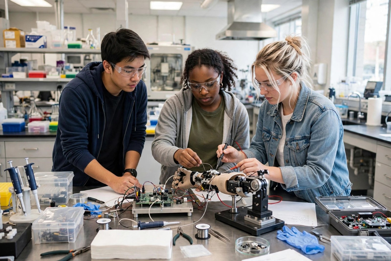 Biomedical engineering students testing a prosthetic device in a laboratory