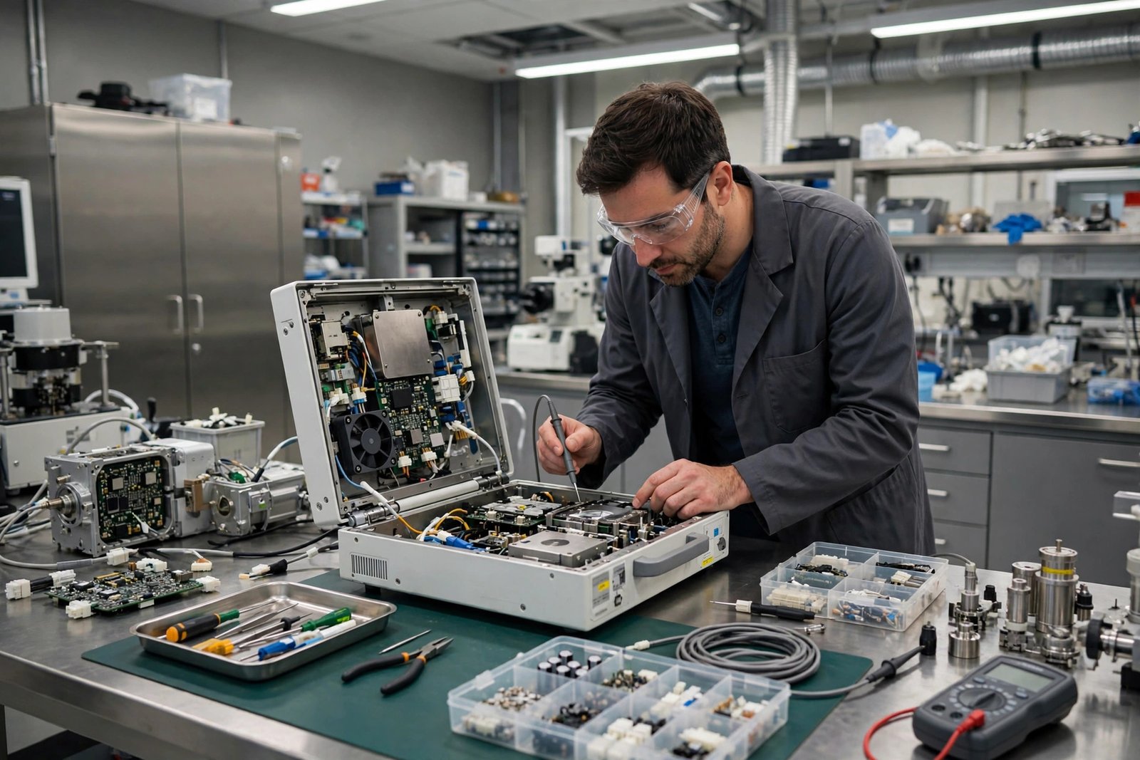 A researcher examining medical imaging equipment in a modern laboratory