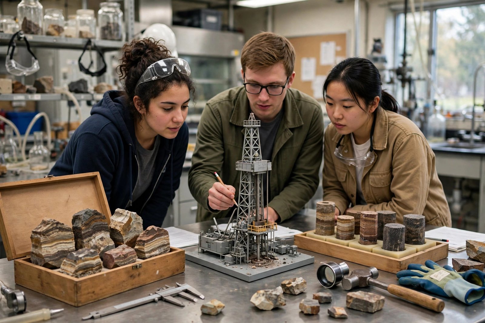 Petroleum engineering students studying a drilling model and rock samples in a laboratory