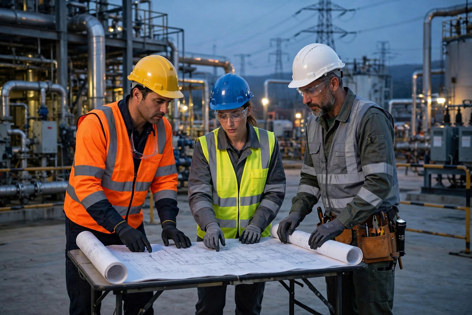 Engineers in safety gear reviewing plans at an energy production site