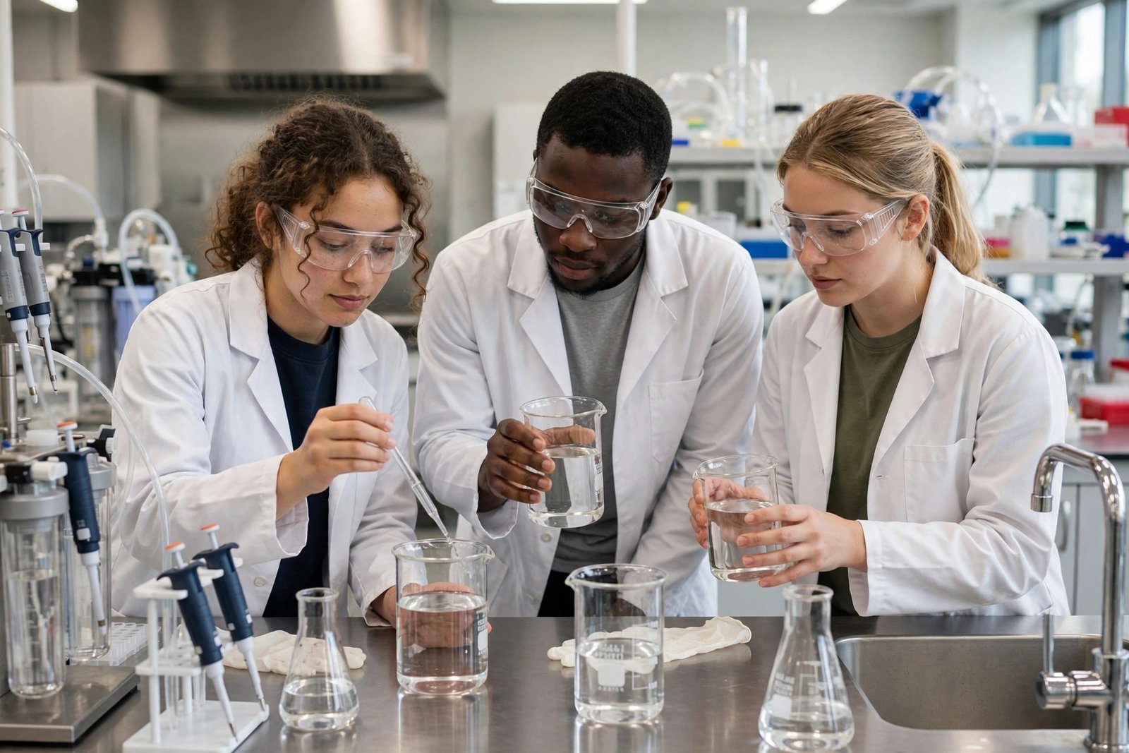 Environmental engineering students testing water samples in a university laboratory