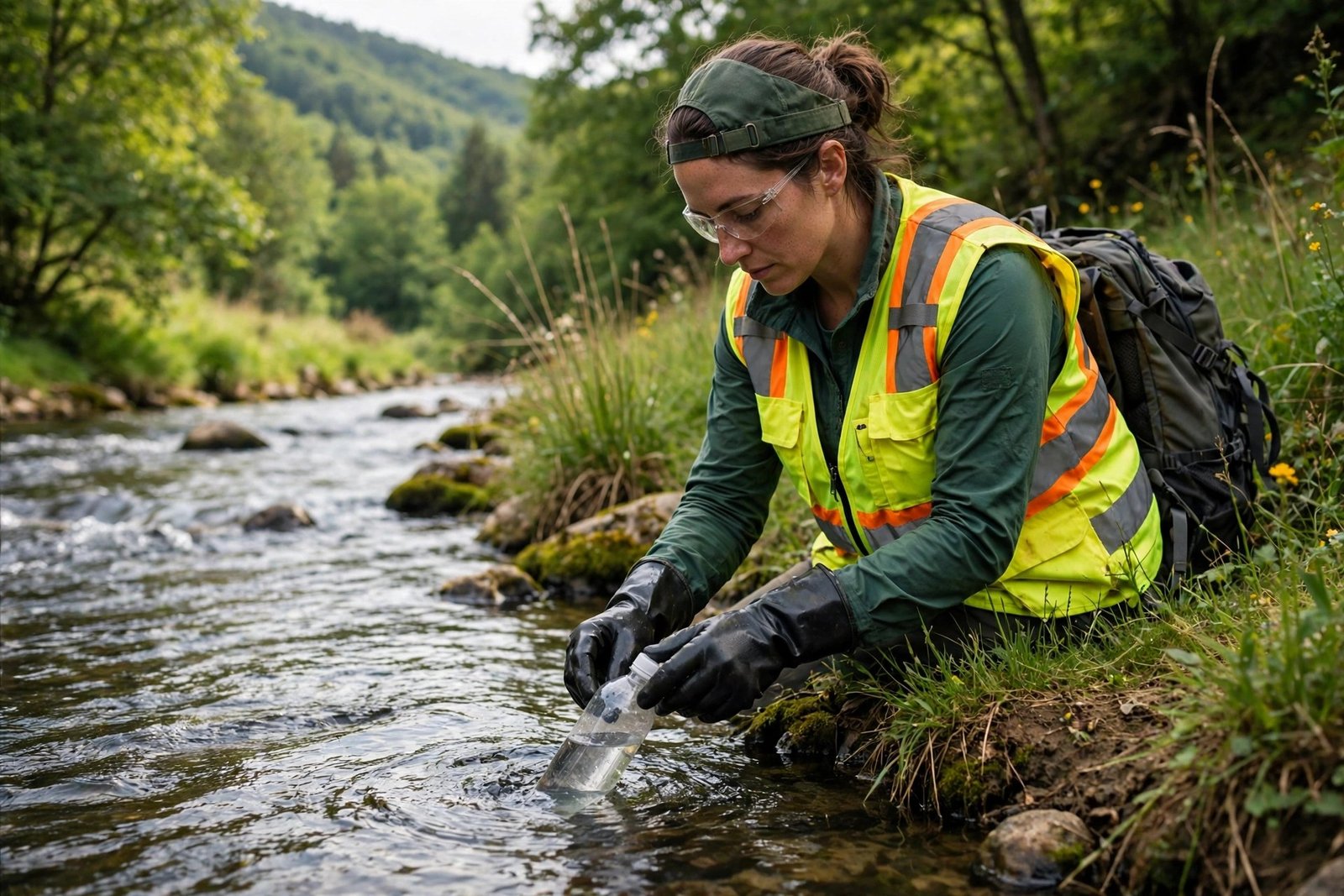 Environmental engineer sampling river water in the field