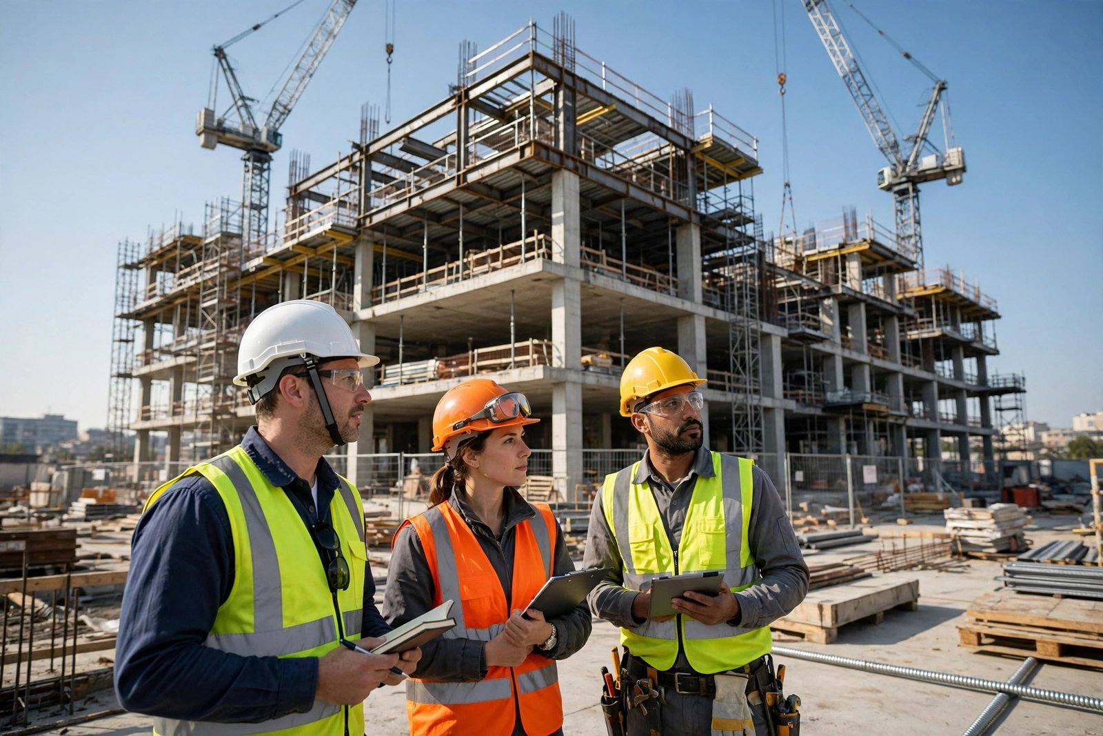 Steel and concrete building structure under construction with cranes