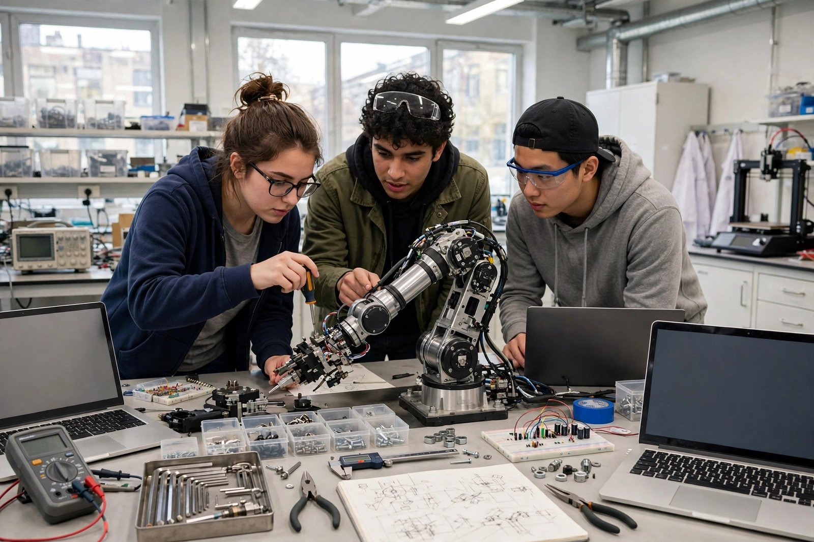 Robotics engineering students working on a robotic arm in a university laboratory