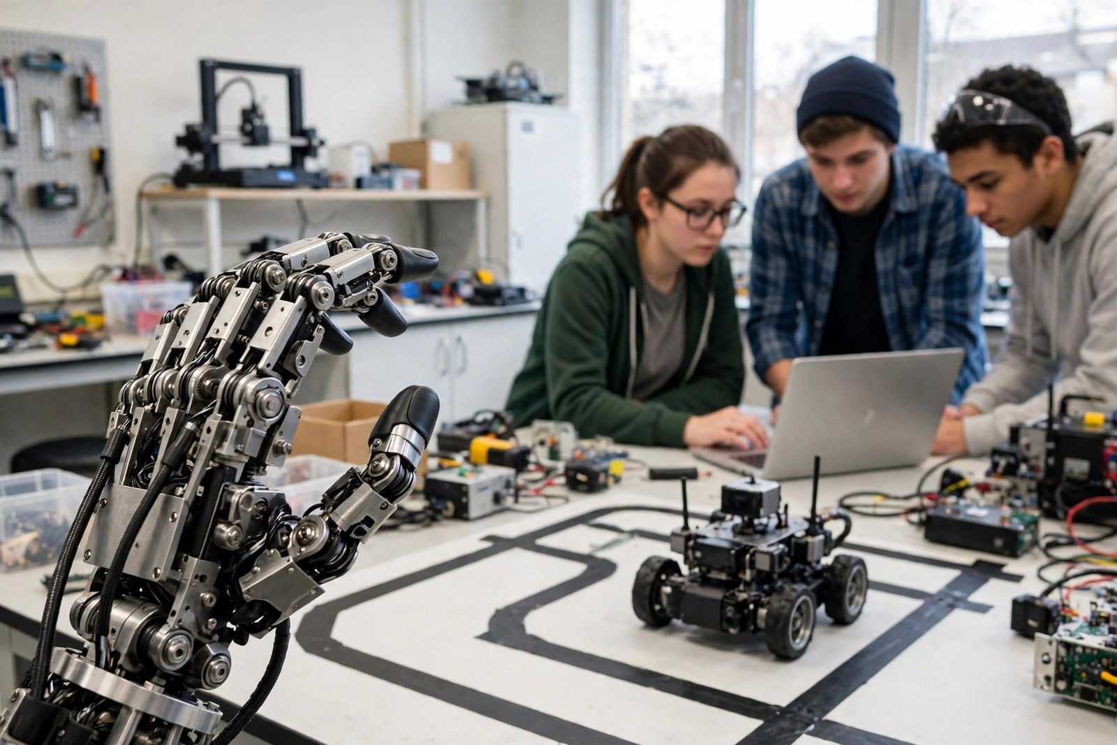 Students programming a mobile robot on a test track in a university lab