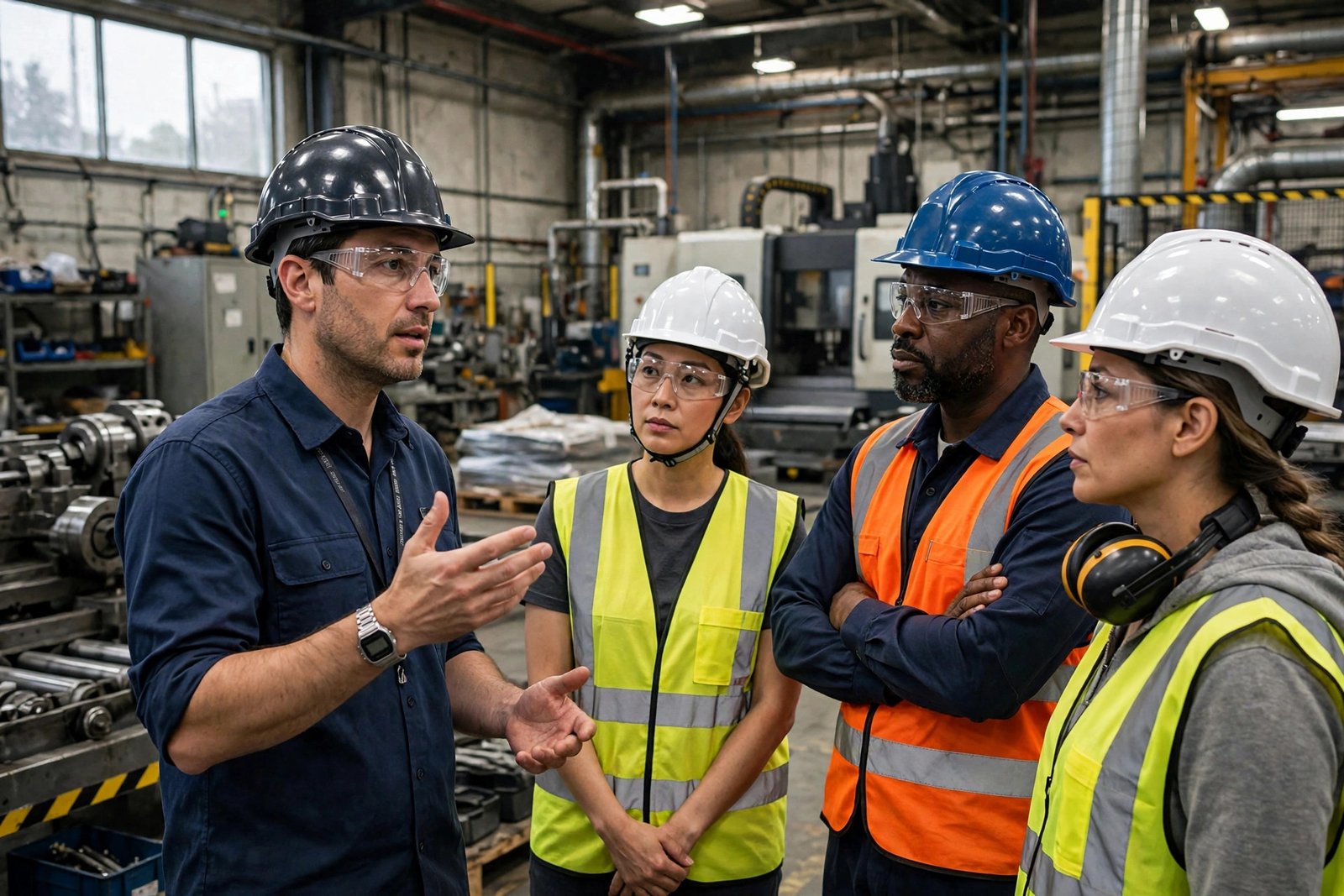Engineering manager briefing a team on a factory floor