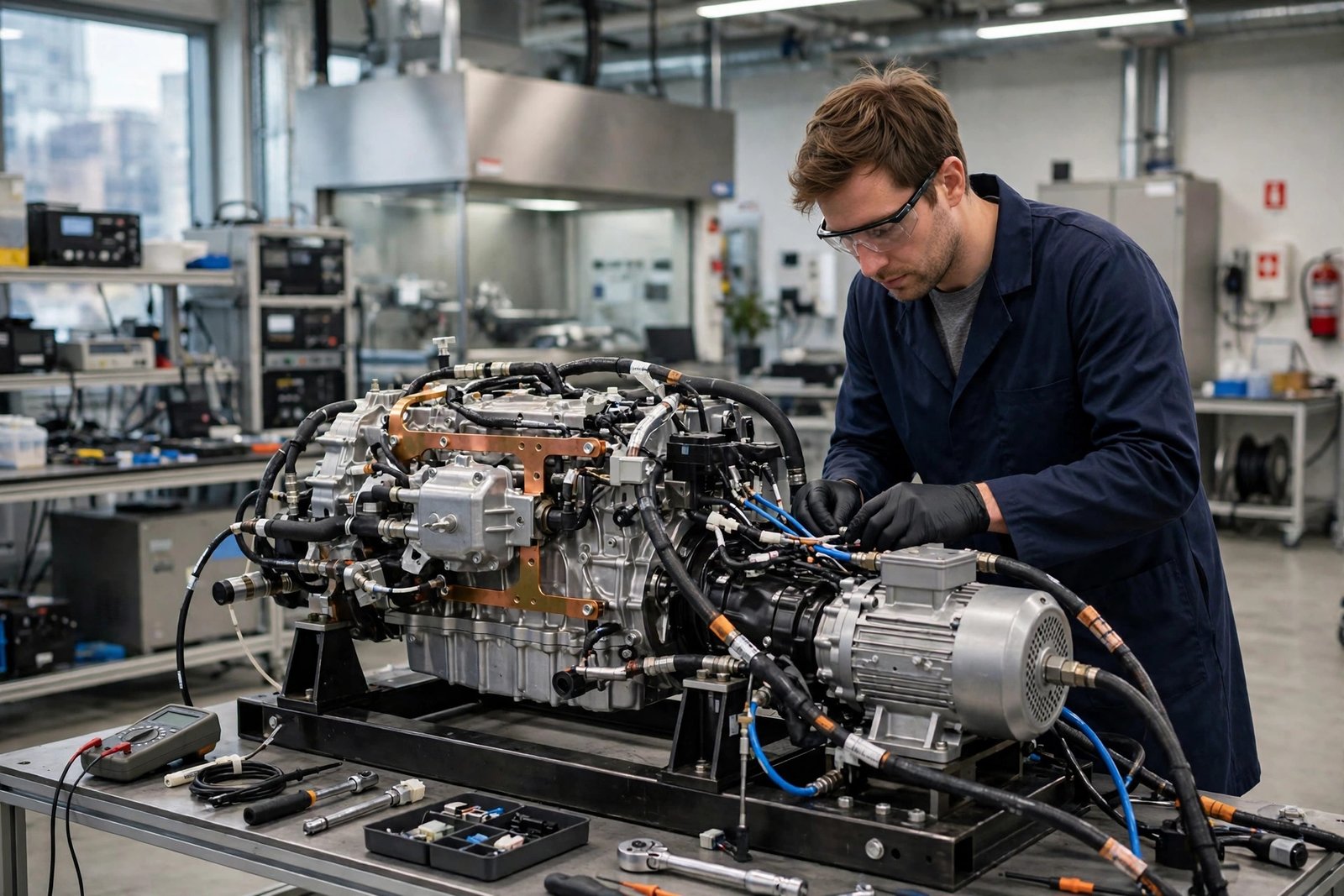 Engineer testing an electric vehicle powertrain in a research laboratory