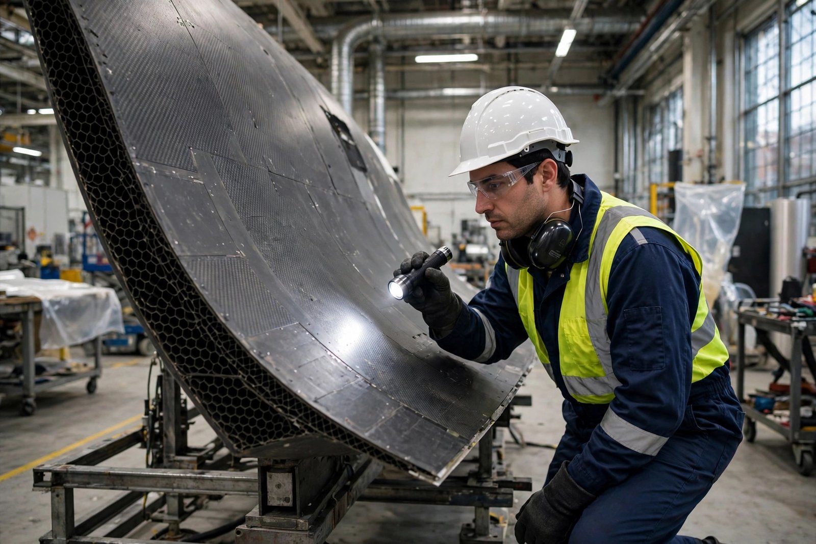 Engineer inspecting an aerospace composite component in a manufacturing facility