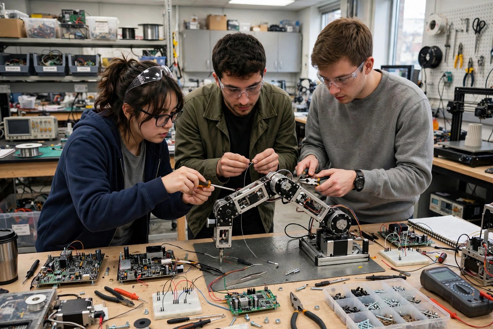 Engineering students assembling a robotic arm in a university robotics laboratory