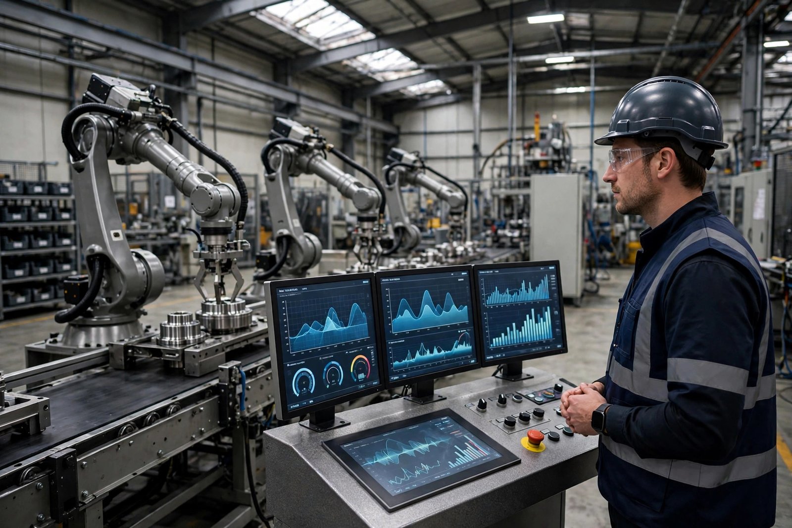 Automated factory line with robotic arms monitored by an engineer