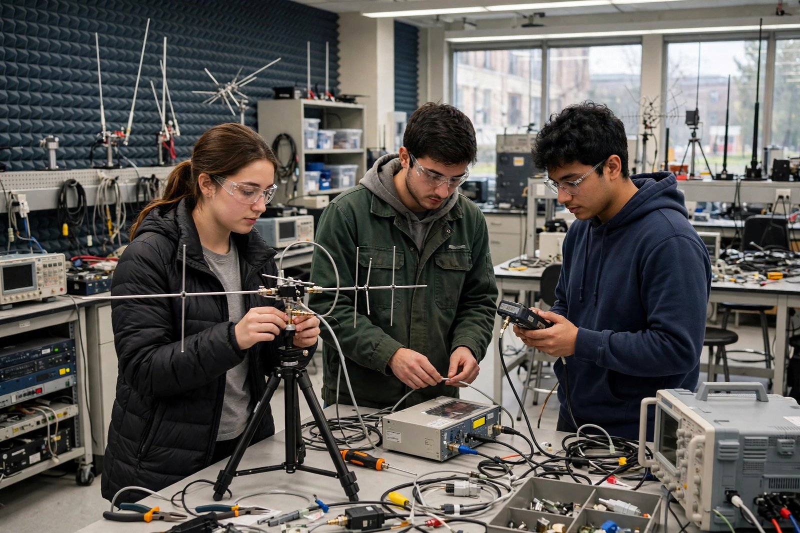 Engineering students testing antennas and network equipment in a telecommunications laboratory