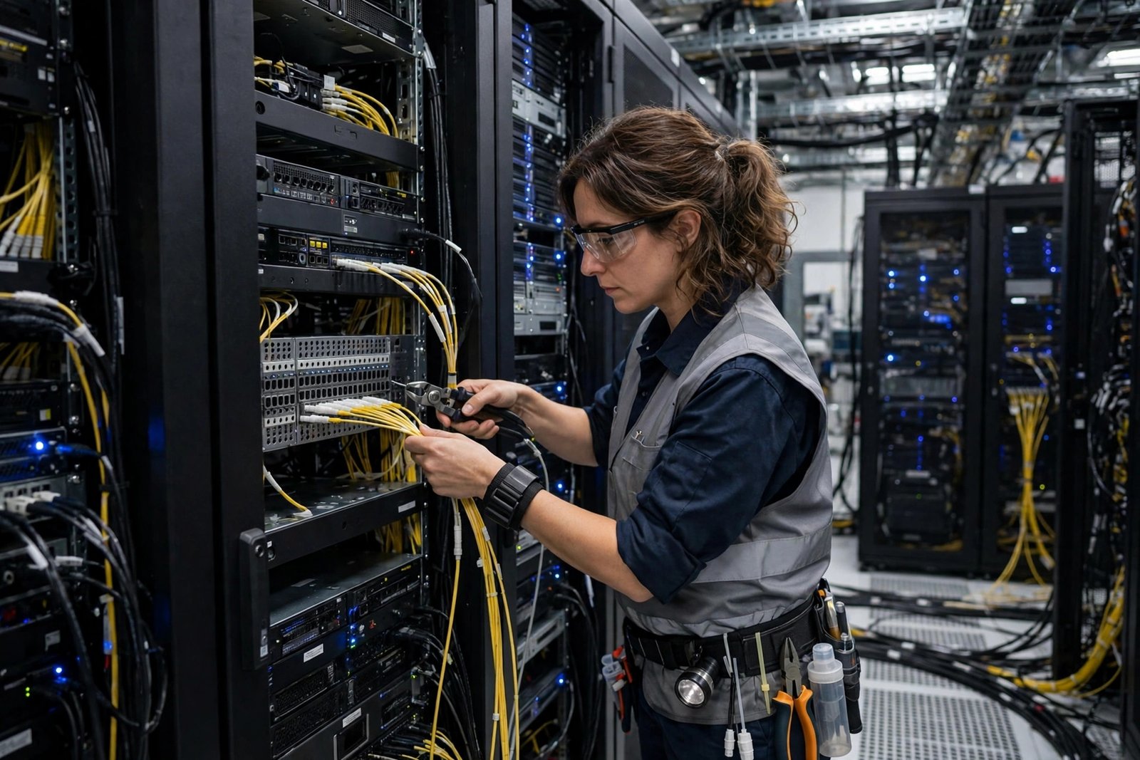 Telecom engineer working on fibre optic cables and server racks in a network facility