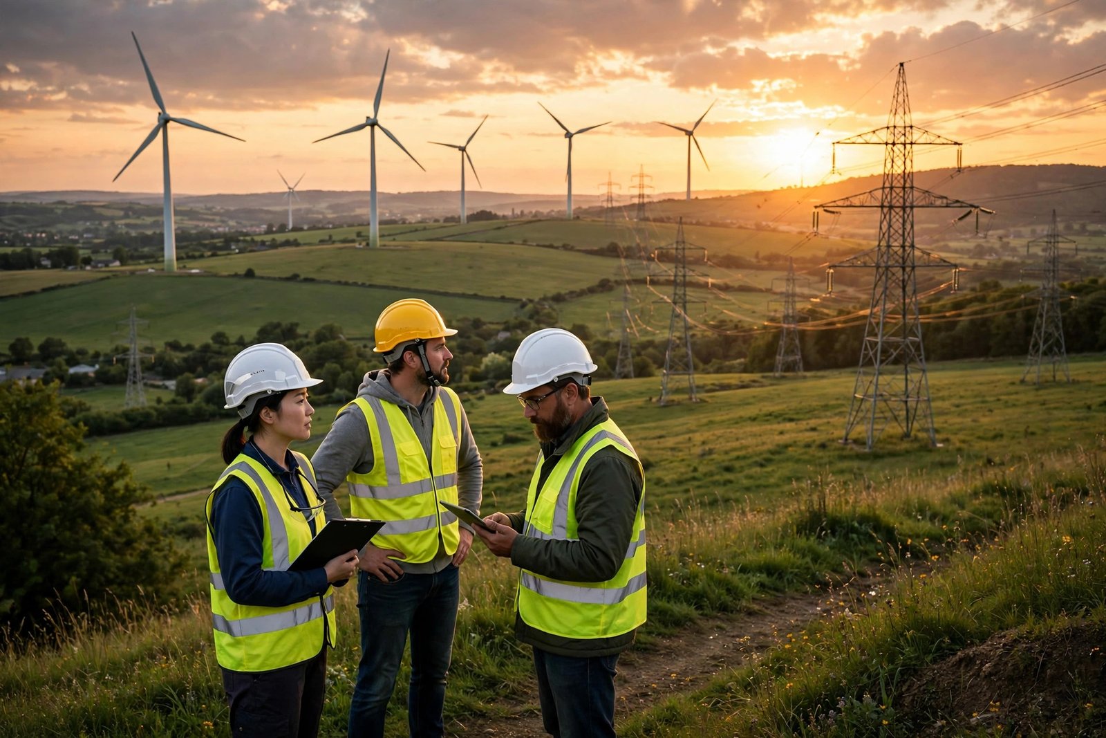 Wind turbines and electricity pylons forming part of a modern power grid