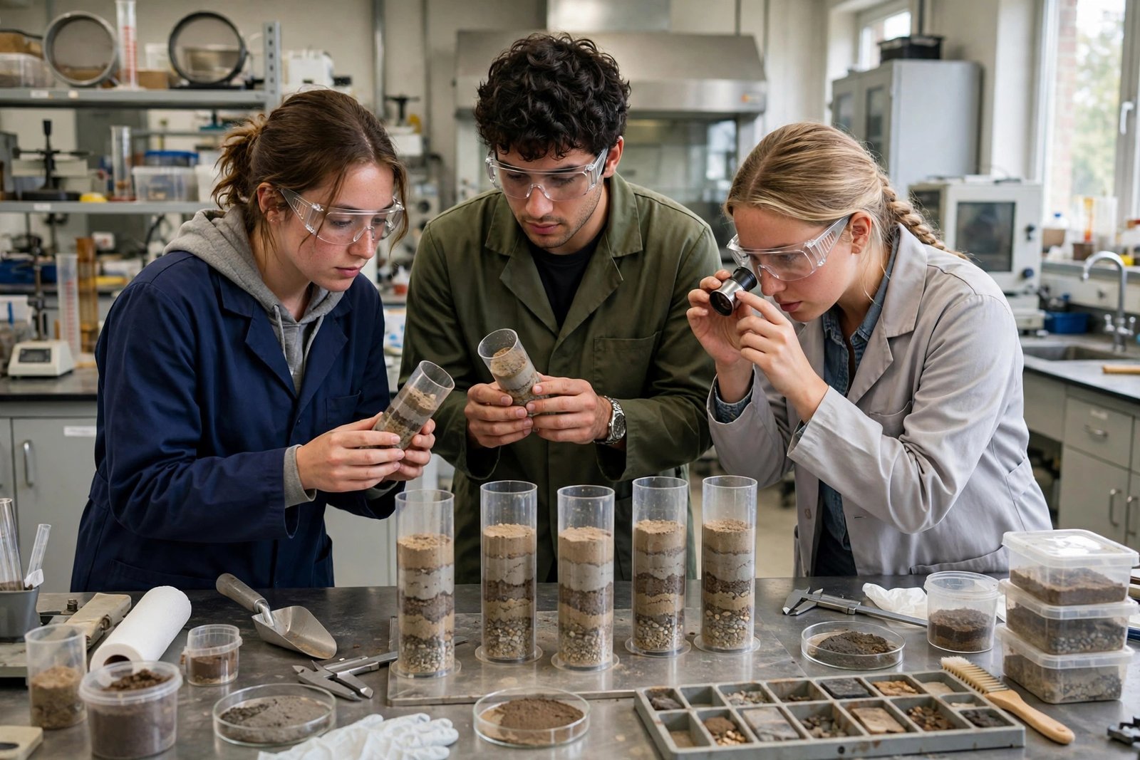 Geotechnical engineering students examining soil core samples in a laboratory